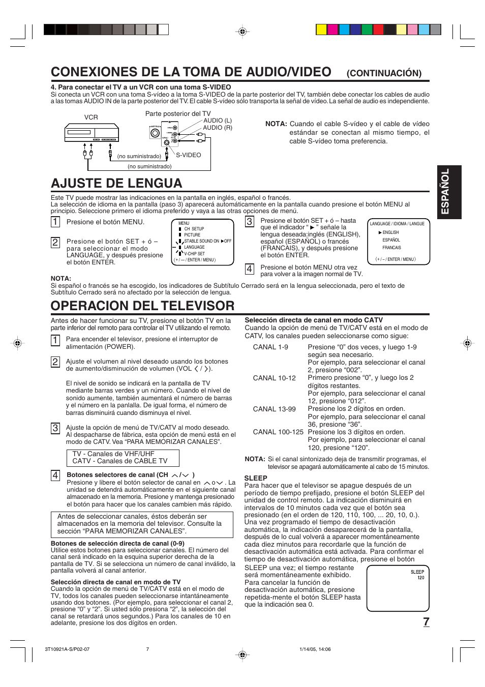 Operacion del televisor, Ajuste de lengua, Conexiones de la toma de audio/video | Esp añol, Continuación) | Memorex MT2274A User Manual | Page 19 / 24