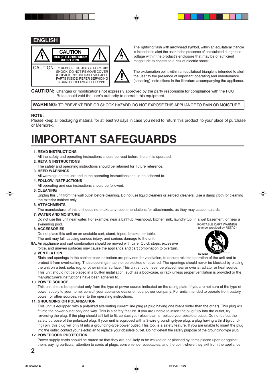 Important safeguards, English | Memorex MT2274A User Manual | Page 2 / 24