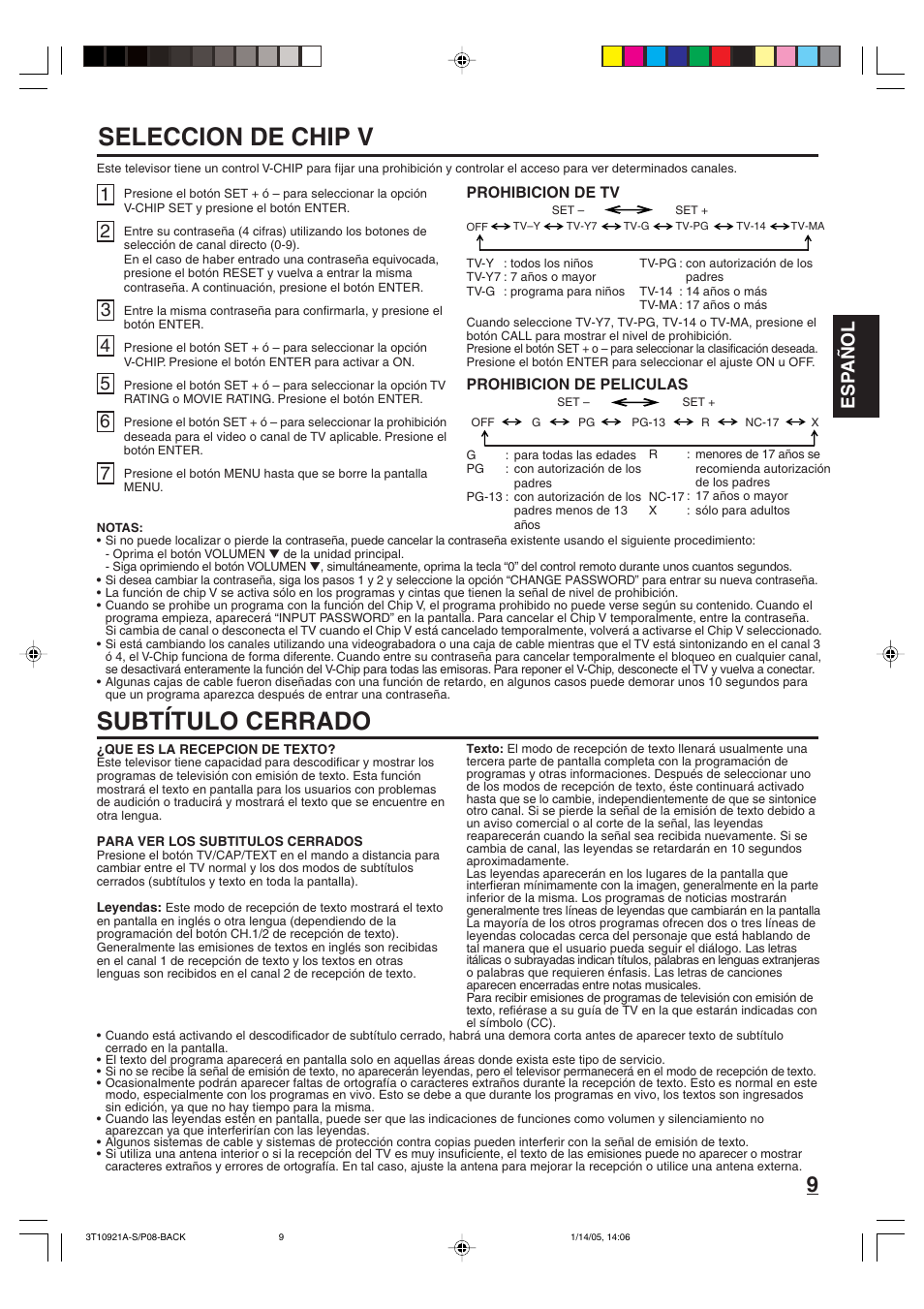 Seleccion de chip v, Subtítulo cerrado, Esp añol | Memorex MT2274A User Manual | Page 21 / 24