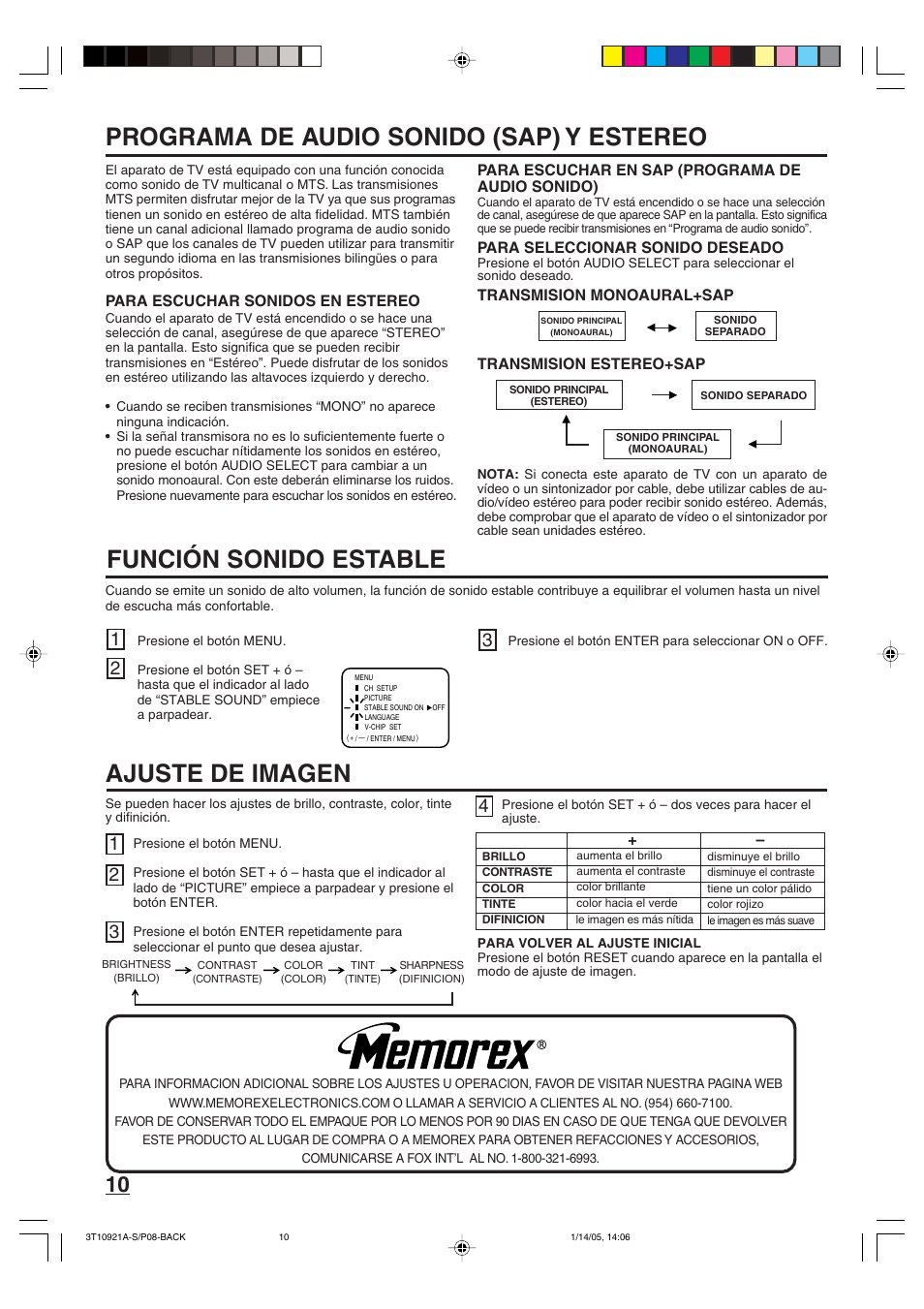 Ajuste de imagen, Programa de audio sonido (sap) y estereo, Función sonido estable | Memorex MT2274A User Manual | Page 22 / 24