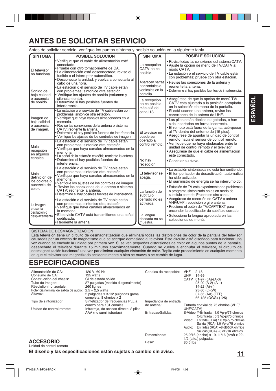 Antes de solicitar servicio, Especificaciones, Esp añol | Accesorio | Memorex MT2274A User Manual | Page 23 / 24