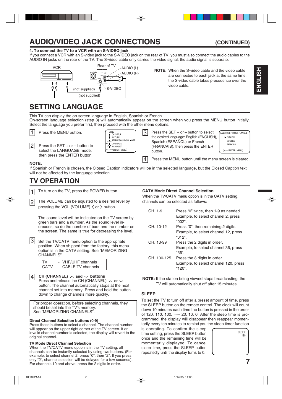 Audio/video jack connections, Setting language, Tv operation | English, Continued) | Memorex MT2274A User Manual | Page 7 / 24
