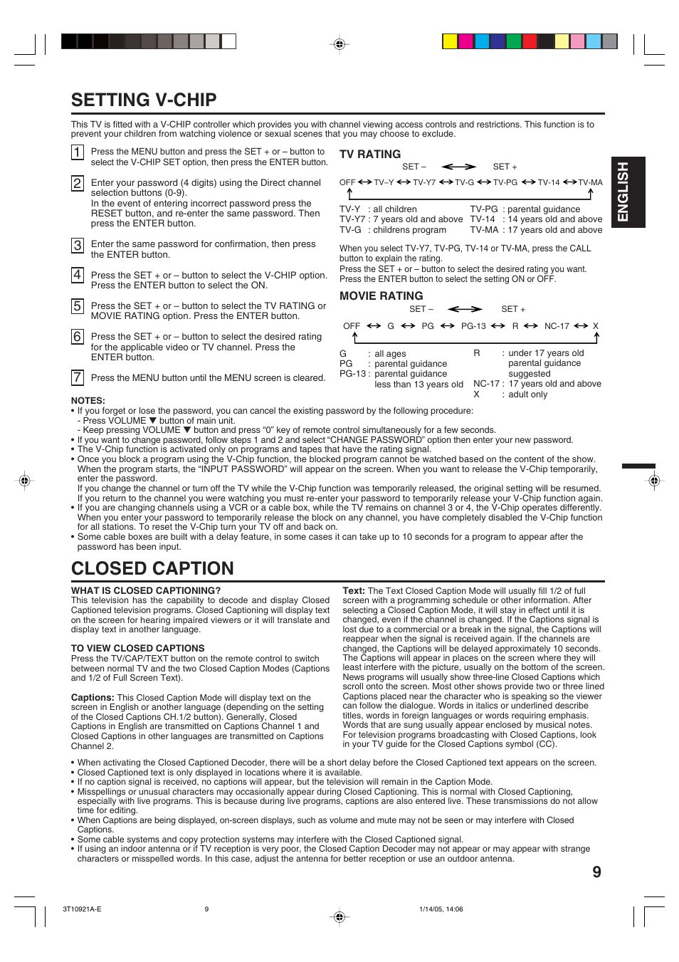Setting v-chip, Closed caption, English | Memorex MT2274A User Manual | Page 9 / 24