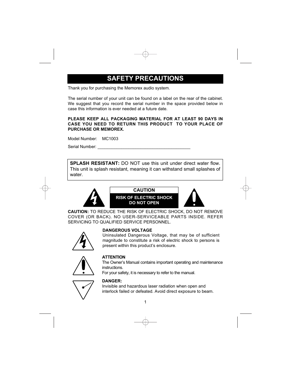 Safety precautions | Memorex MC1003 User Manual | Page 2 / 21