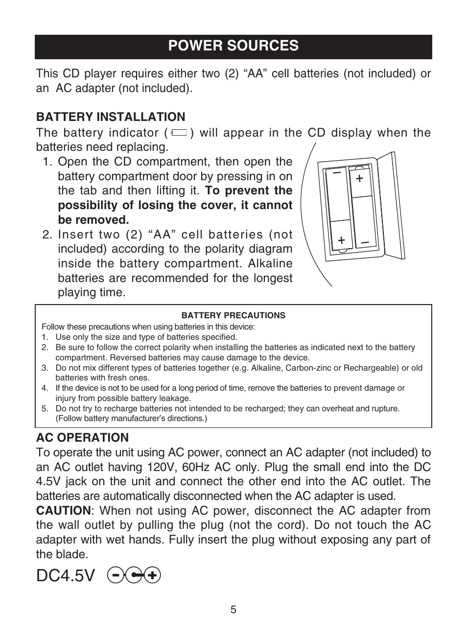 Dc4.5v, Power sources | Memorex MD6443 User Manual | Page 6 / 17