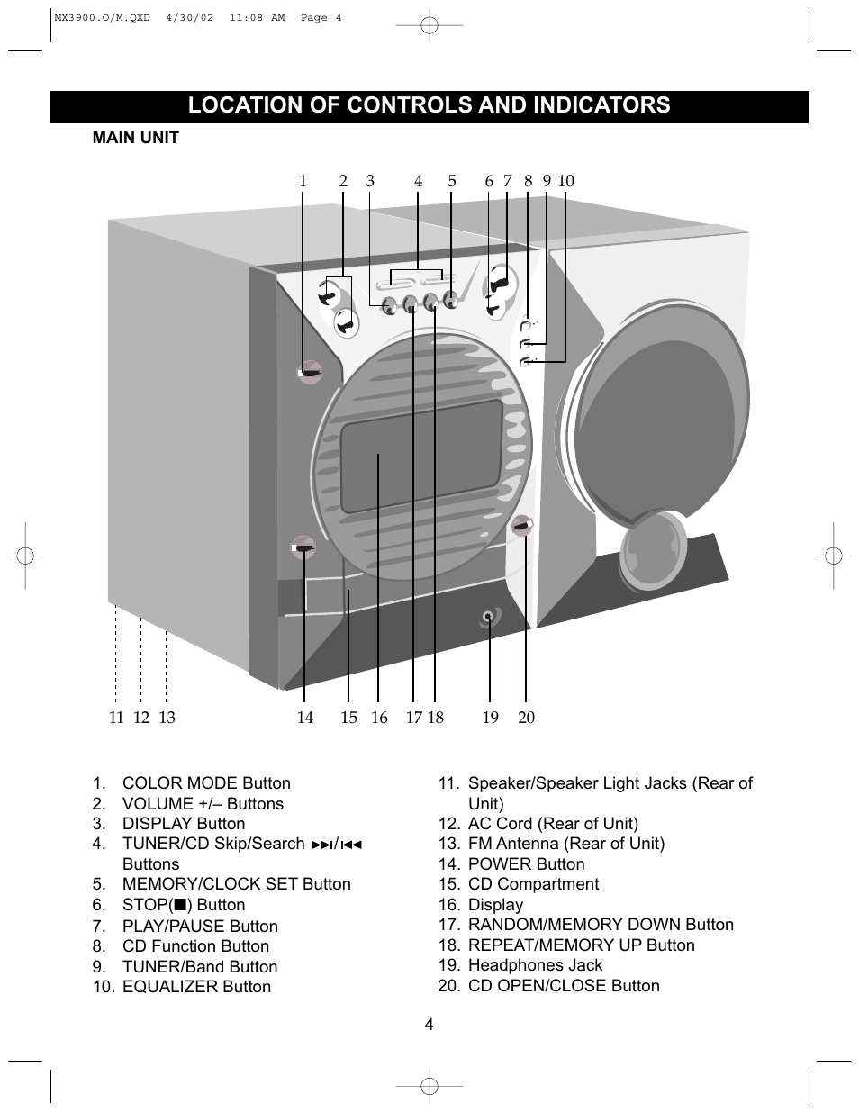 Location of controls and indicators | Memorex MX3900 User Manual | Page 5 / 18