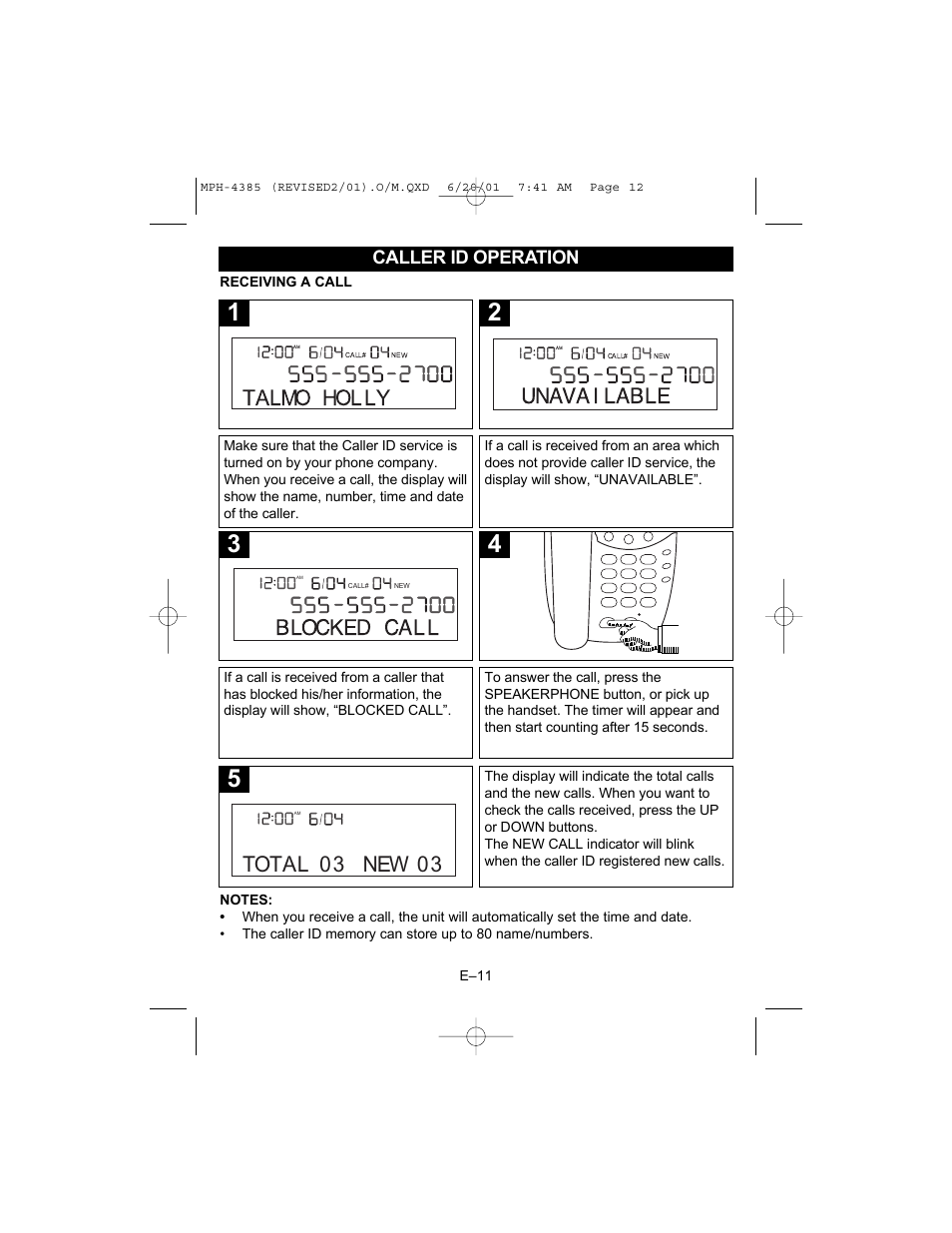 Talmo holly, Unava i lable, Blocked call | Total 03 03 new, Caller id operation | Memorex MPH4385 User Manual | Page 13 / 18