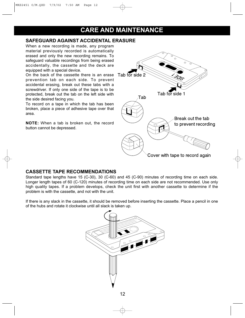 Care and maintenance, Side 1 | Memorex MKS2451 User Manual | Page 13 / 17