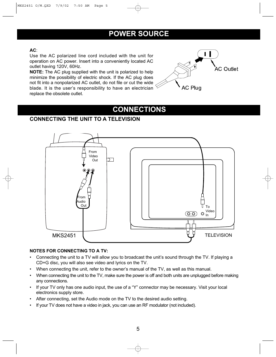 Power source connections | Memorex MKS2451 User Manual | Page 6 / 17