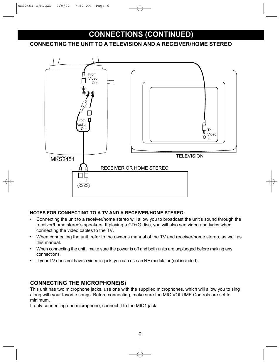 Connections (continued), Connecting the microphone(s), Mks2451 | Memorex MKS2451 User Manual | Page 7 / 17