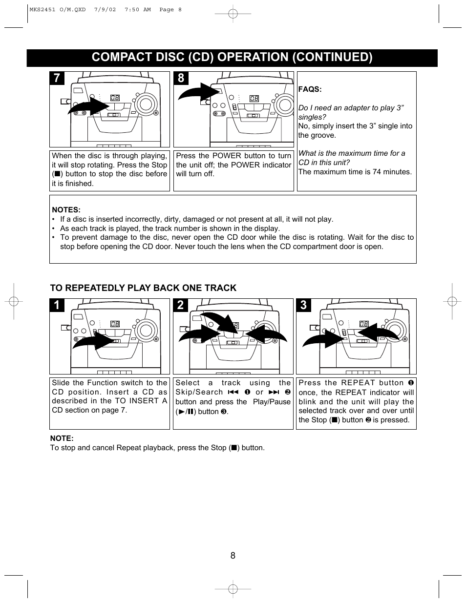 Compact disc (cd) operation (continued) | Memorex MKS2451 User Manual | Page 9 / 17