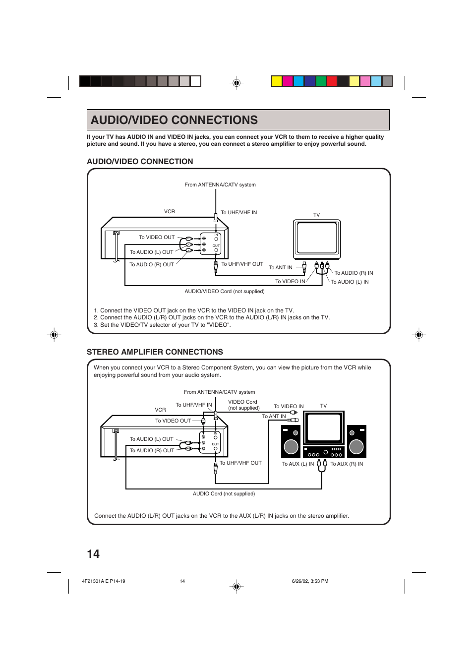 Audio/video connections, Audio/video connection, Stereo amplifier connections | Memorex MVR4051/MVR4052 User Manual | Page 14 / 28