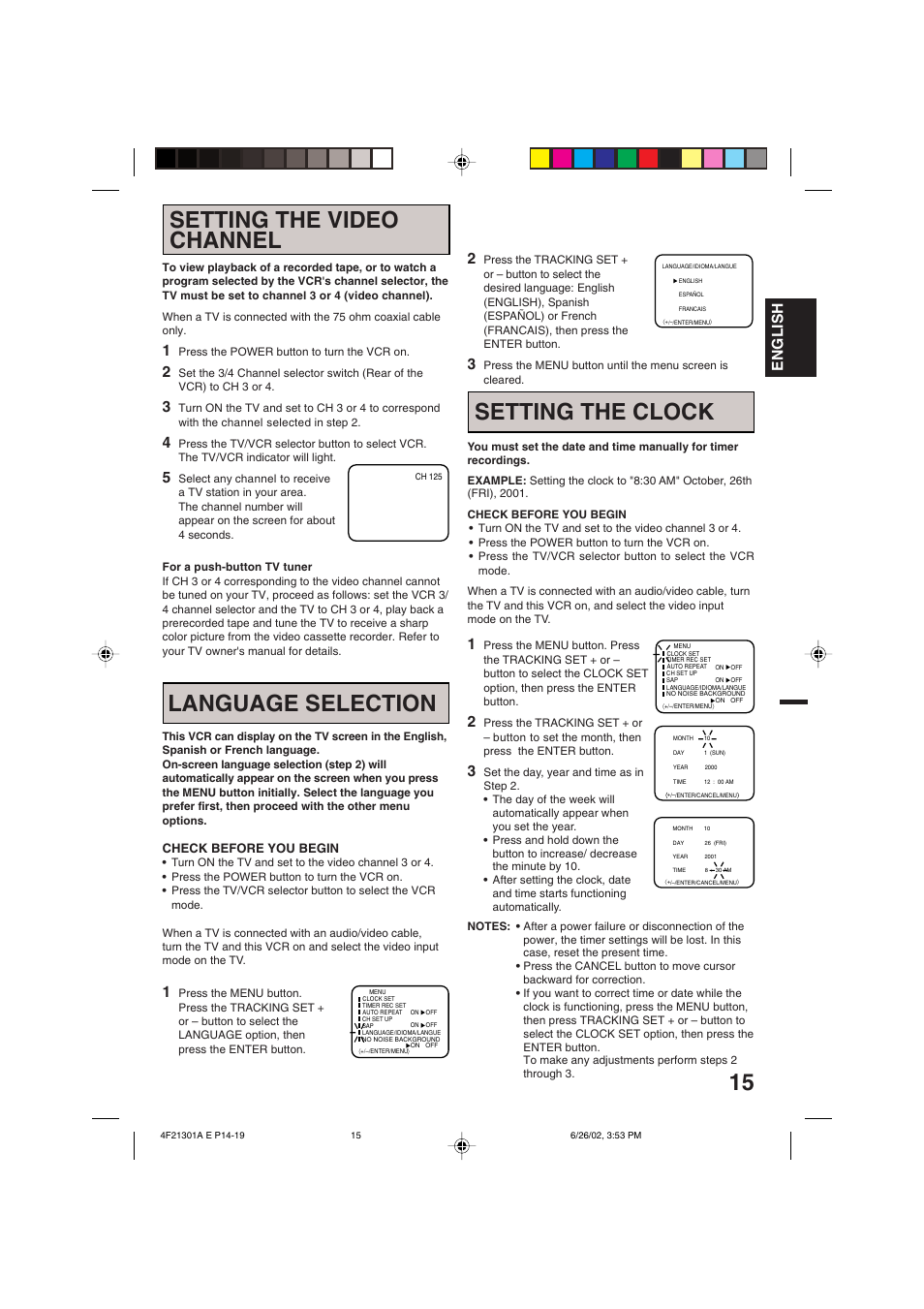 Setting the video channel, Setting the clock, Language selection | English | Memorex MVR4051/MVR4052 User Manual | Page 15 / 28