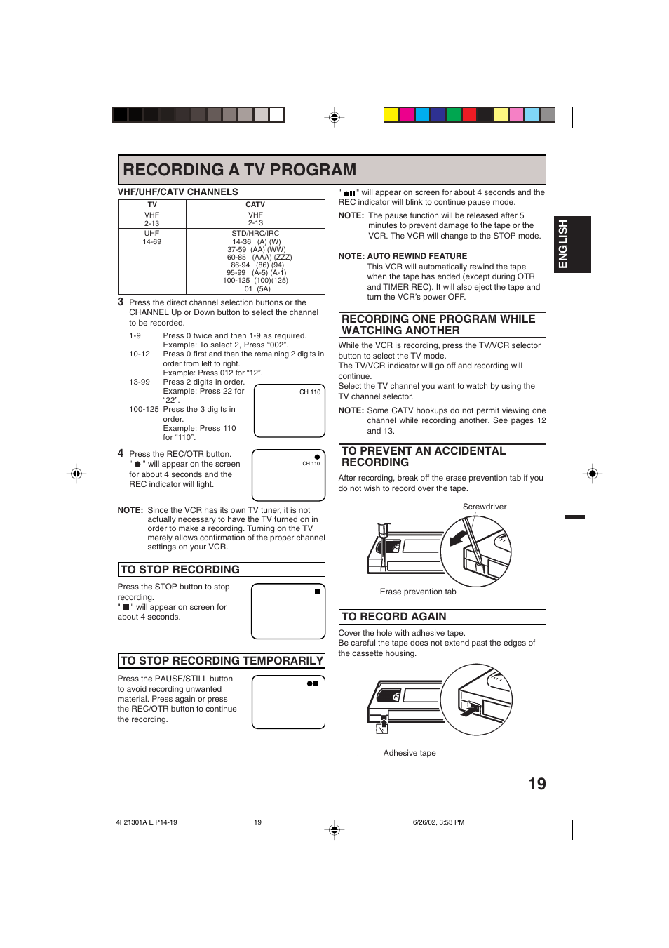Recording a tv program, English 4, Recording one program while watching another | Memorex MVR4051/MVR4052 User Manual | Page 19 / 28