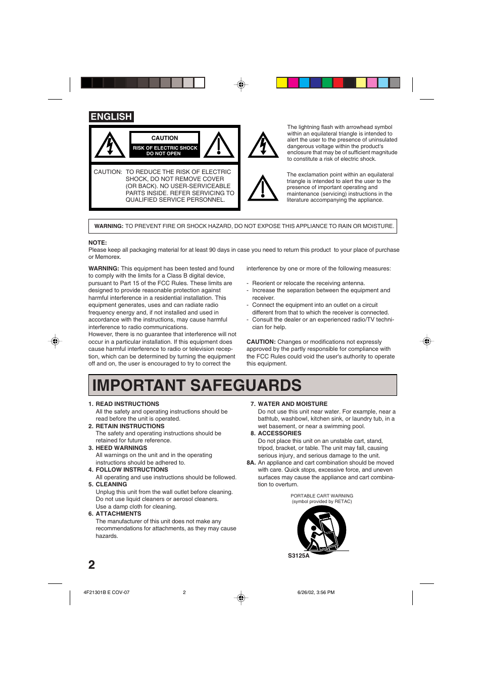 Important safeguards, English | Memorex MVR4051/MVR4052 User Manual | Page 2 / 28