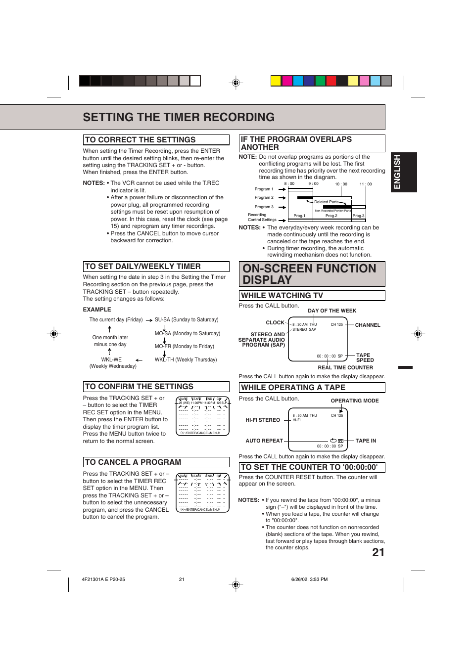 On-screen function display, Setting the timer recording, English | Memorex MVR4051/MVR4052 User Manual | Page 21 / 28