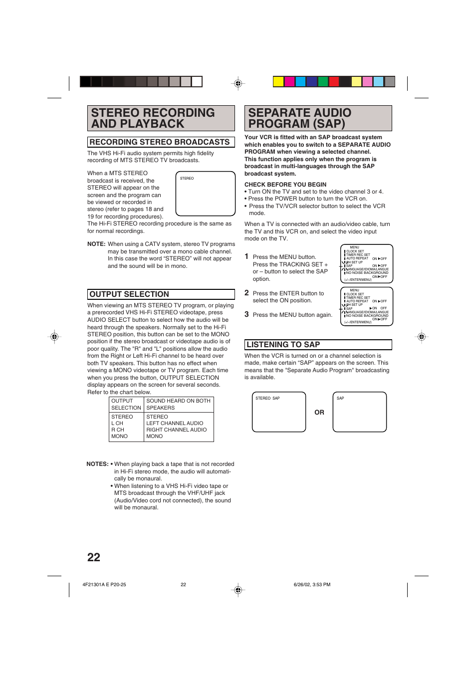 22 separate audio program (sap), Stereo recording and playback, Listening to sap | Output selection, Recording stereo broadcasts | Memorex MVR4051/MVR4052 User Manual | Page 22 / 28