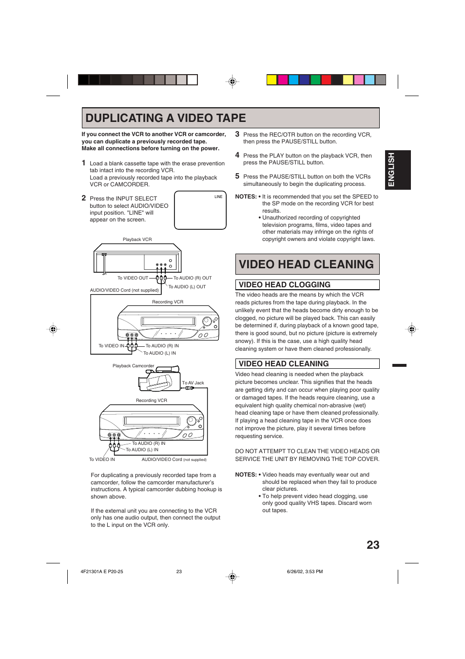 Video head cleaning duplicating a video tape, English, Video head clogging video head cleaning | Memorex MVR4051/MVR4052 User Manual | Page 23 / 28