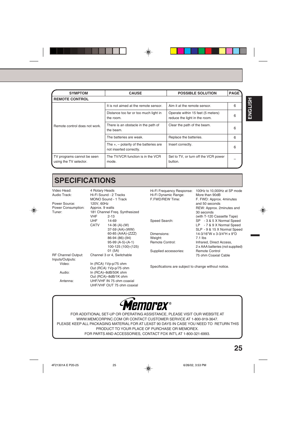 Specifications, English | Memorex MVR4051/MVR4052 User Manual | Page 25 / 28