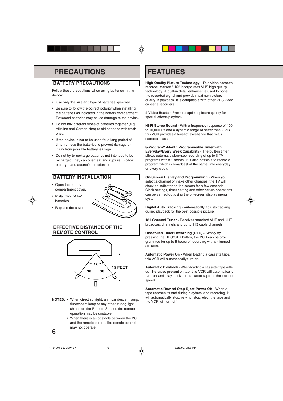Precautions features | Memorex MVR4051/MVR4052 User Manual | Page 6 / 28