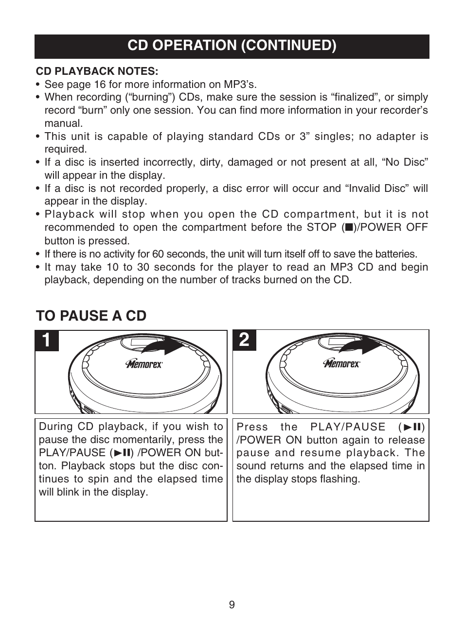 Cd operation (continued) | Memorex MPD8859 User Manual | Page 10 / 24