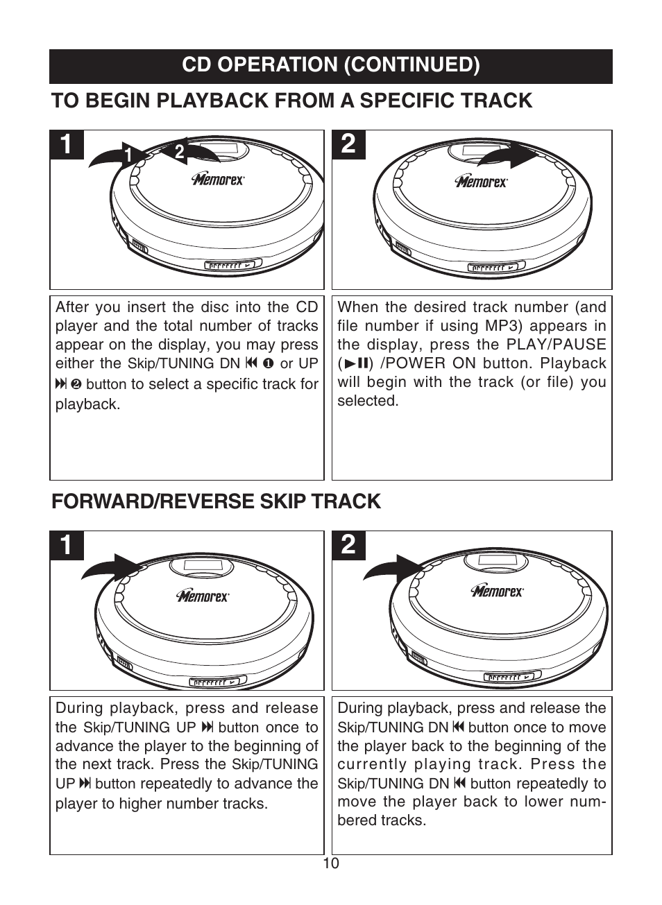 Cd operation (continued), Forward/reverse skip track | Memorex MPD8859 User Manual | Page 11 / 24