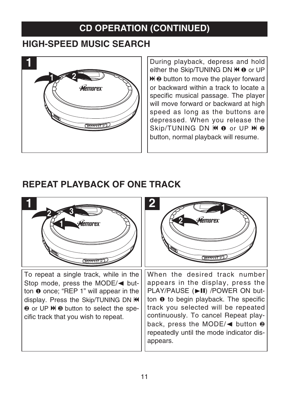 Cd operation (continued), High-speed music search, Repeat playback of one track | Memorex MPD8859 User Manual | Page 12 / 24