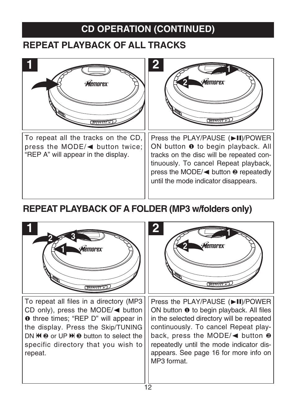 Cd operation (continued), Repeat playback of all tracks, Repeat playback of a folder (mp3 w/folders only) | Memorex MPD8859 User Manual | Page 13 / 24
