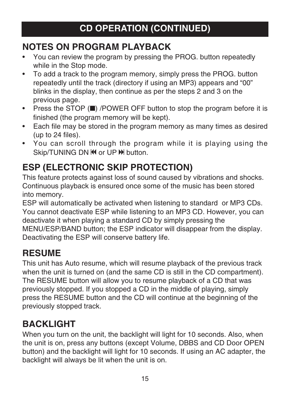 Resume, Backlight | Memorex MPD8859 User Manual | Page 16 / 24