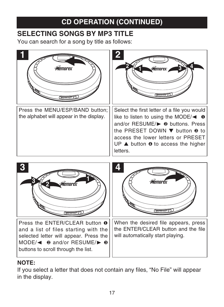 Selecting songs by mp3 title, Cd operation (continued) | Memorex MPD8859 User Manual | Page 18 / 24