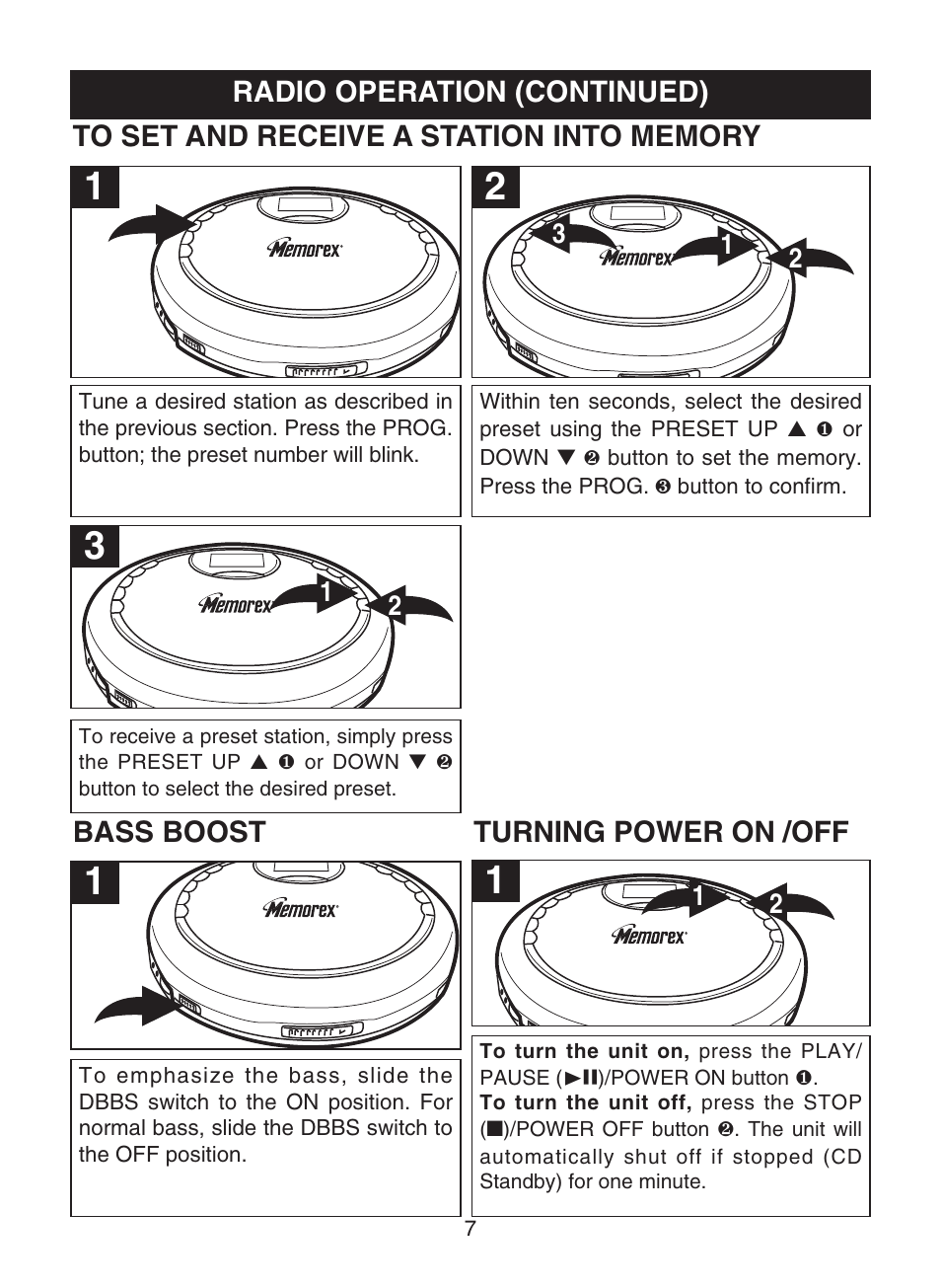 Radio operation (continued), Bass boost turning power on /off | Memorex MPD8859 User Manual | Page 8 / 24