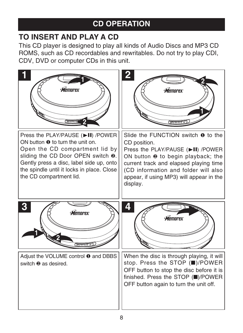 Cd operation | Memorex MPD8859 User Manual | Page 9 / 24