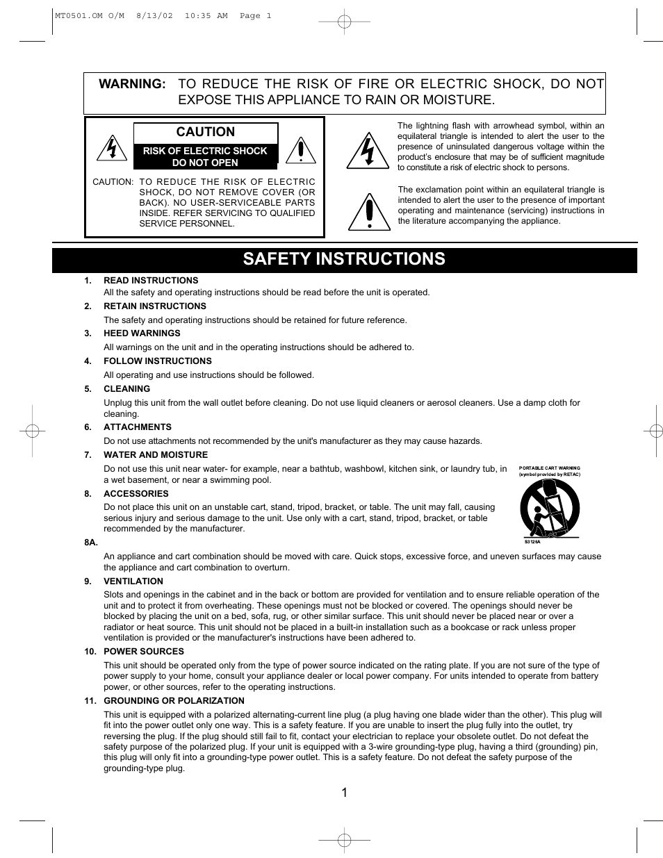 Safety instructions, Caution | Memorex MT0501 User Manual | Page 2 / 11