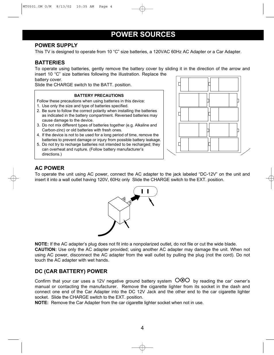 Power sources, Ac adapter's plug ac outlet | Memorex MT0501 User Manual | Page 5 / 11