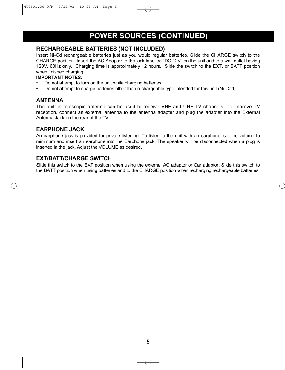 Power sources (continued) | Memorex MT0501 User Manual | Page 6 / 11