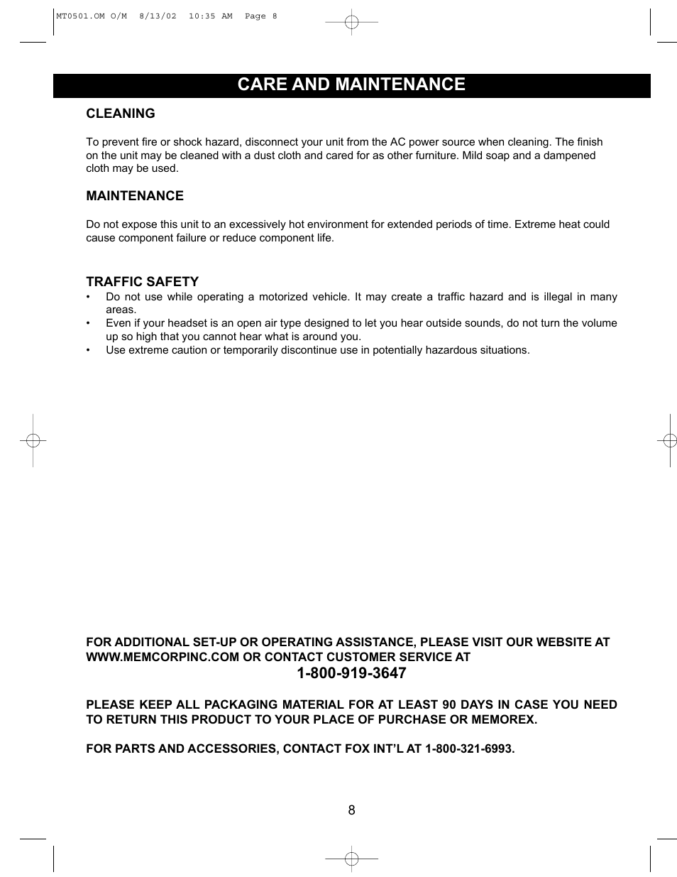 Care and maintenance | Memorex MT0501 User Manual | Page 9 / 11