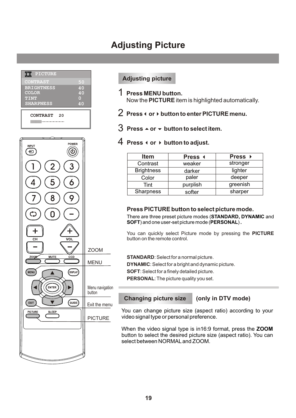 页面 21, Adjusting picture | Memorex mt2026D User Manual | Page 21 / 71