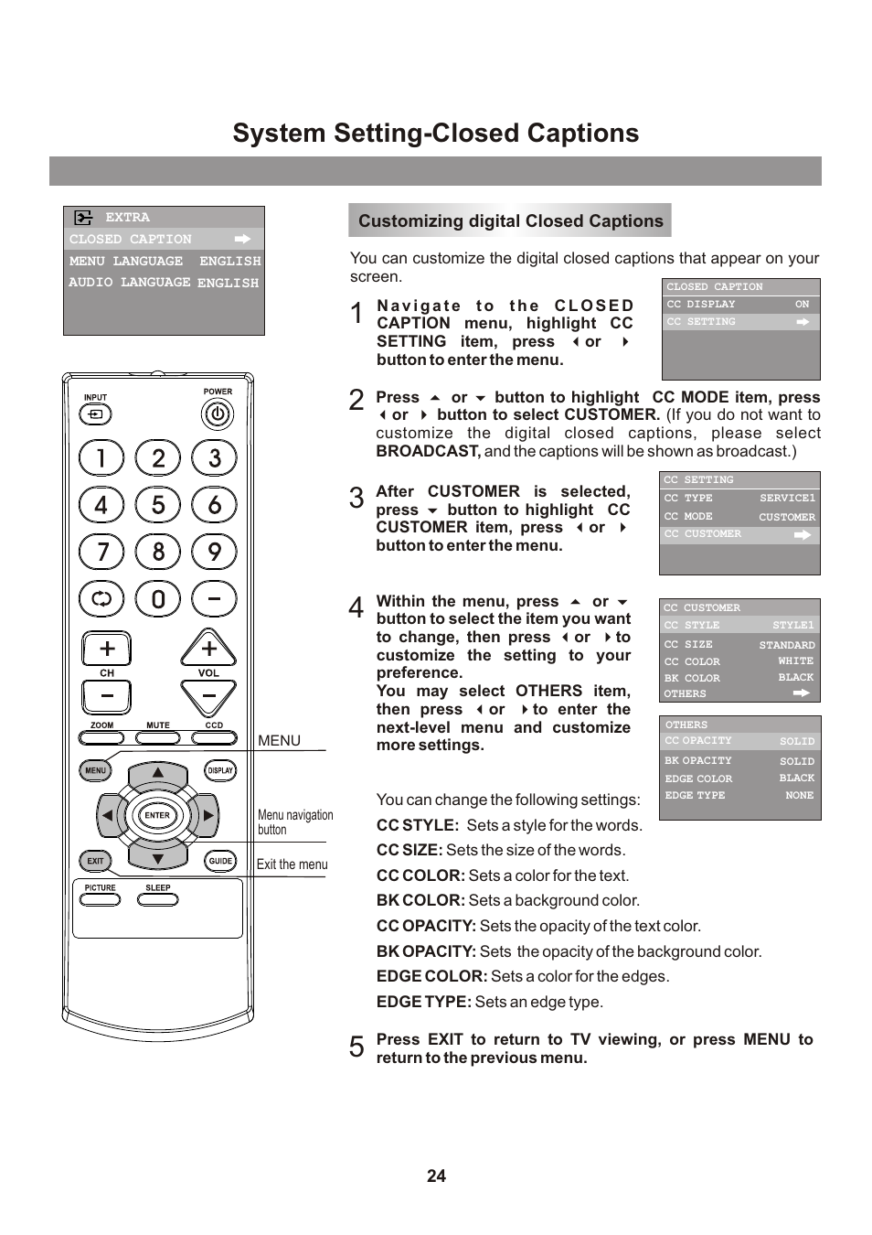 页面 26, System setting-closed captions, Customizing digital closed captions | Memorex mt2026D User Manual | Page 26 / 71