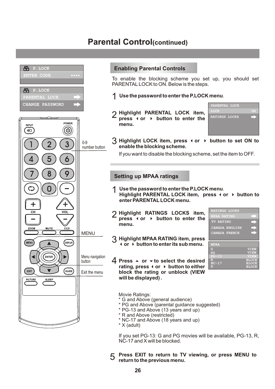 页面 28, Parental control, Continued) | Memorex mt2026D User Manual | Page 28 / 71