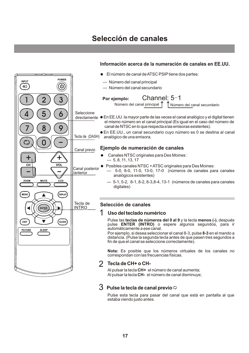 页面 18, Selección de canales, Channel: 5-1 | Memorex mt2026D User Manual | Page 53 / 71