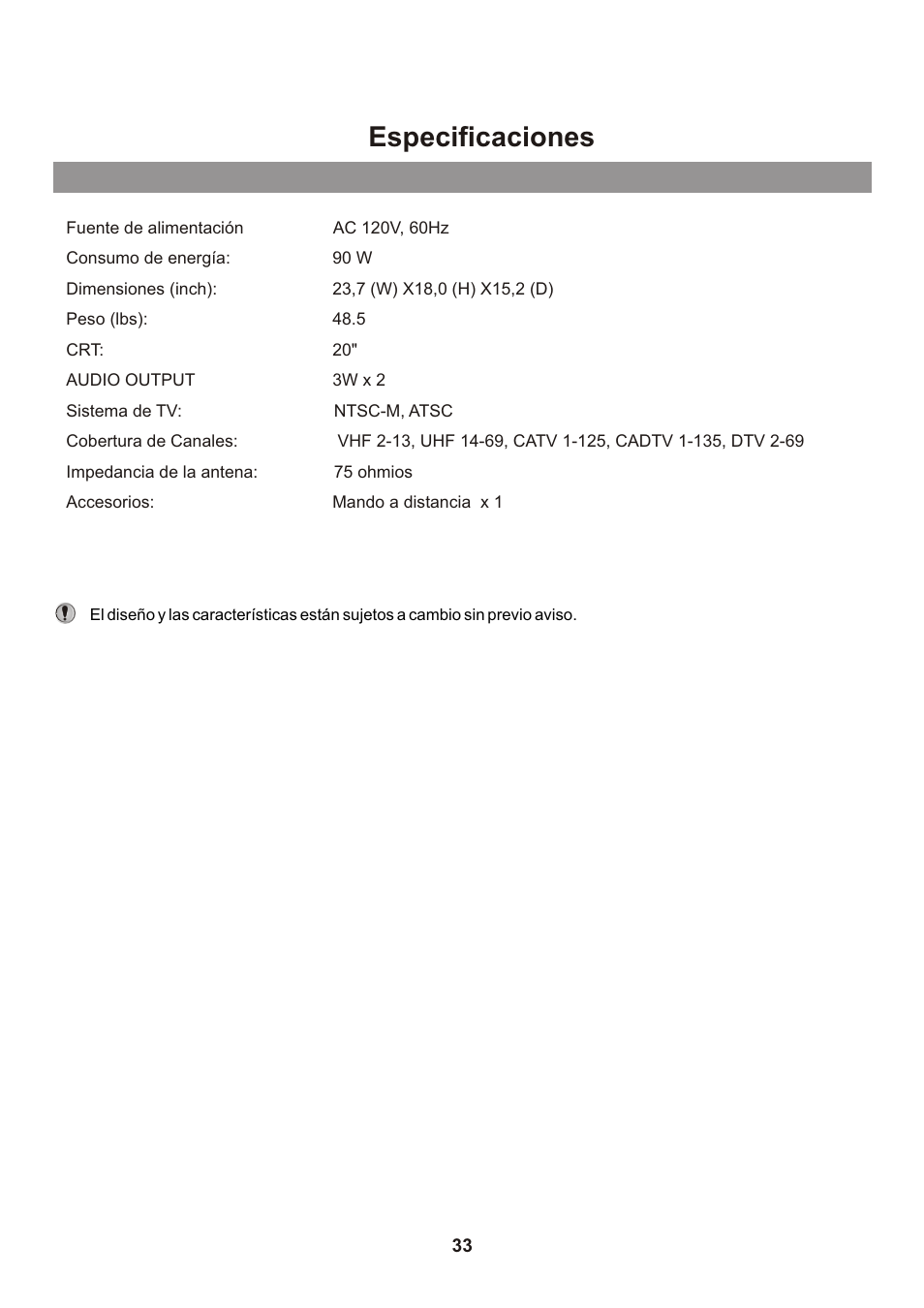 页面 34, Especificaciones | Memorex mt2026D User Manual | Page 69 / 71