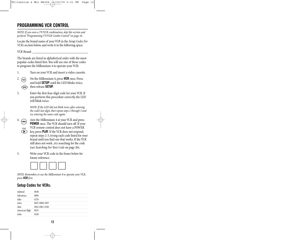 Programming vcr control | Memorex MILLENNIUM 4 User Manual | Page 12 / 36