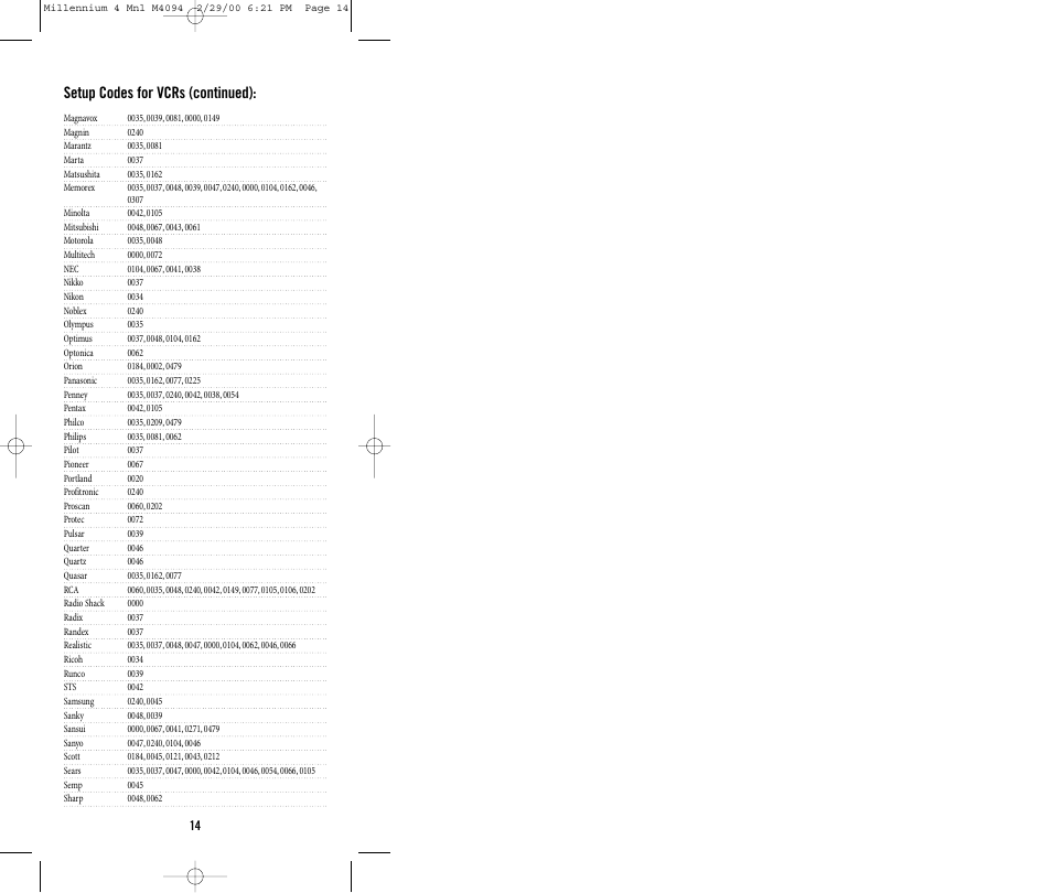 Setup codes for vcrs (continued) | Memorex MILLENNIUM 4 User Manual | Page 14 / 36