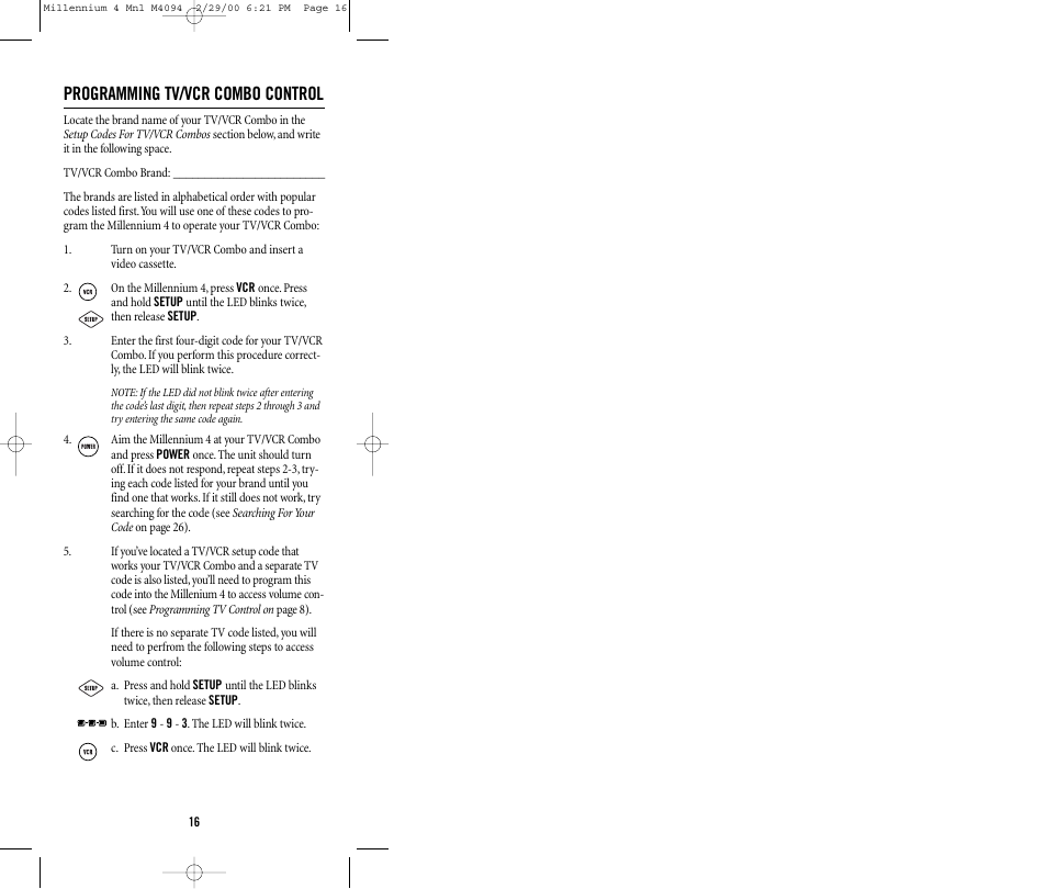 Programming tv/vcr combo control | Memorex MILLENNIUM 4 User Manual | Page 16 / 36