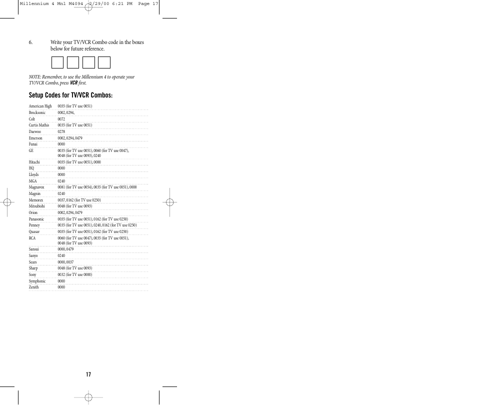 Setup codes for tv/vcr combos | Memorex MILLENNIUM 4 User Manual | Page 17 / 36