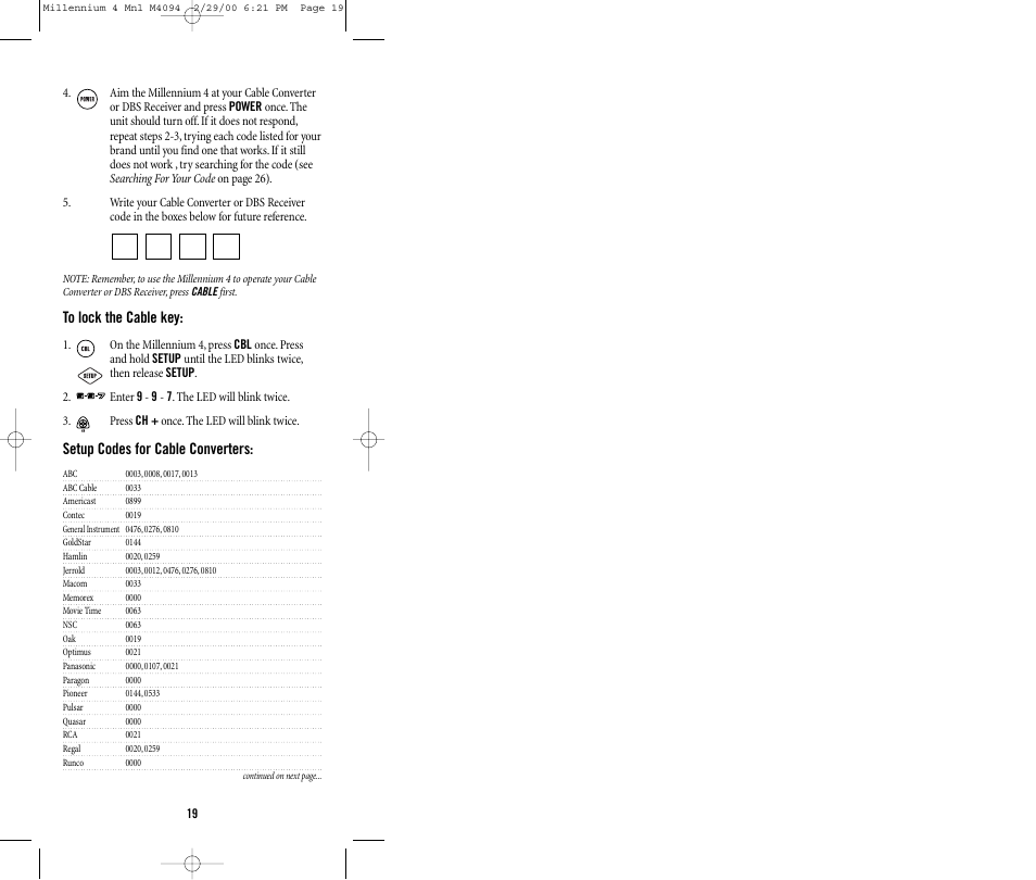 Setup codes for cable converters | Memorex MILLENNIUM 4 User Manual | Page 19 / 36