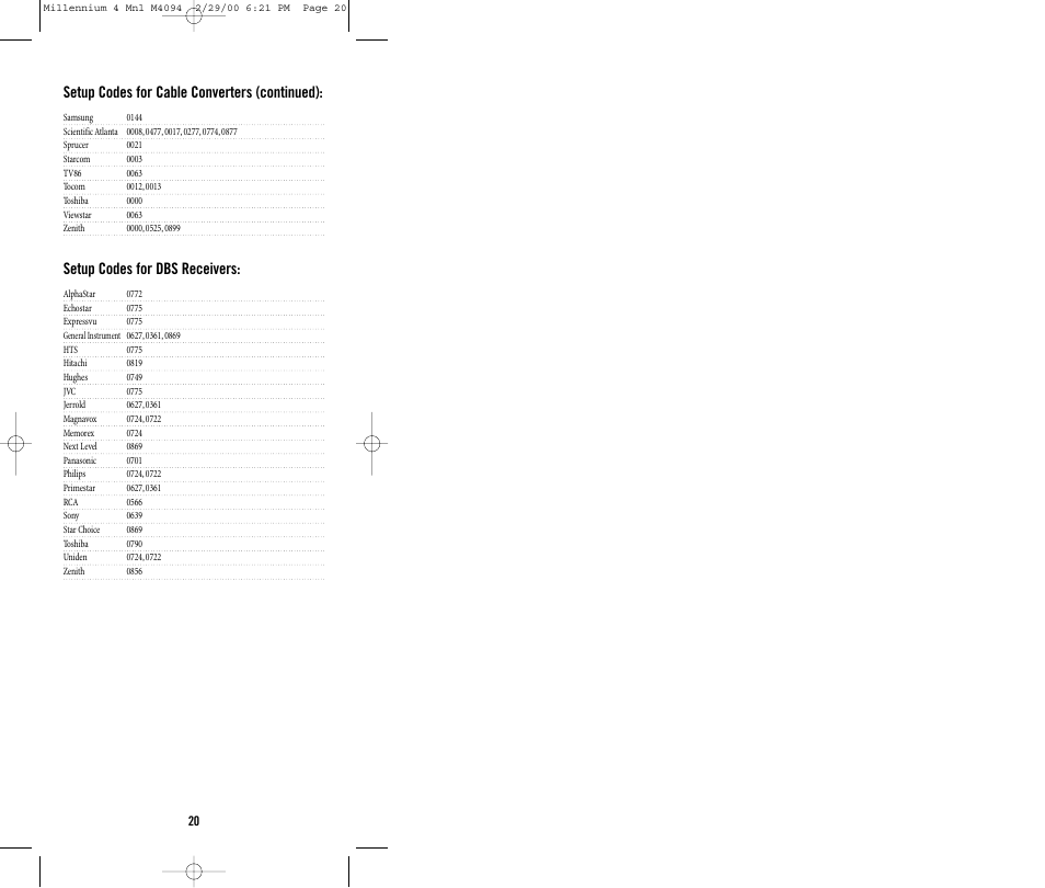 Setup codes for cable converters (continued), Setup codes for dbs receivers | Memorex MILLENNIUM 4 User Manual | Page 20 / 36