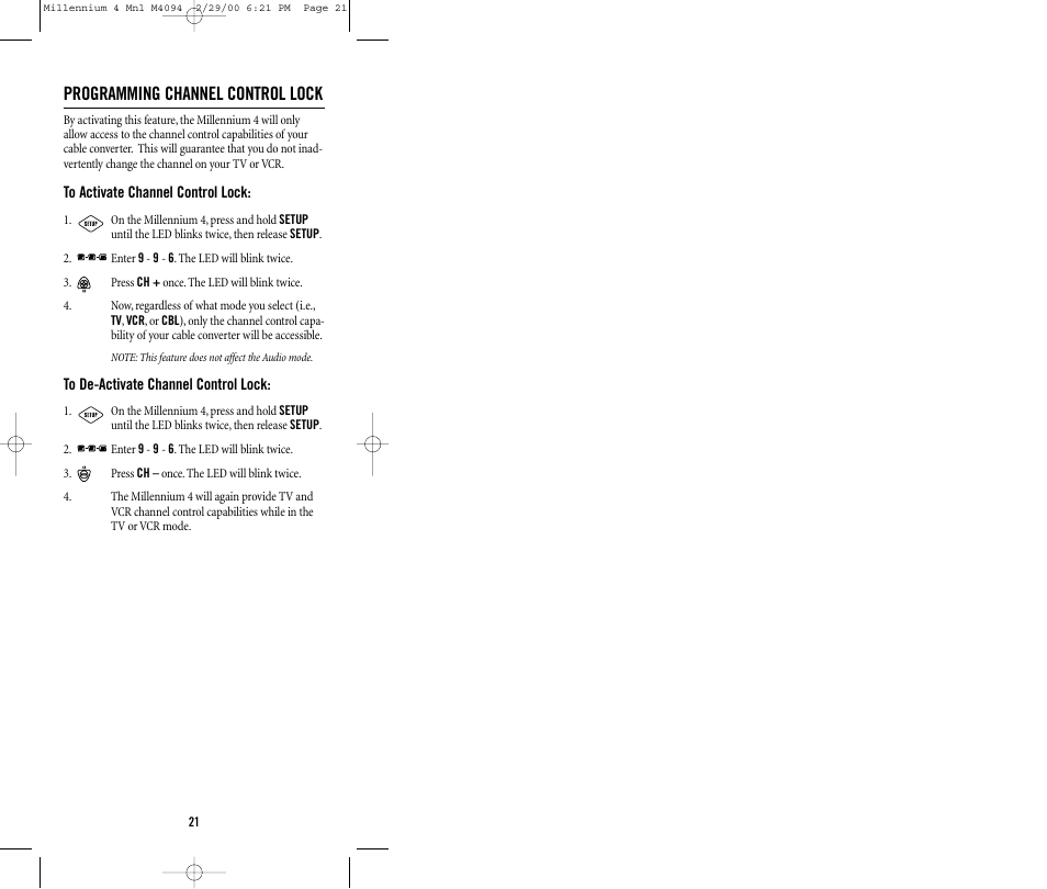 Programming channel control lock | Memorex MILLENNIUM 4 User Manual | Page 21 / 36