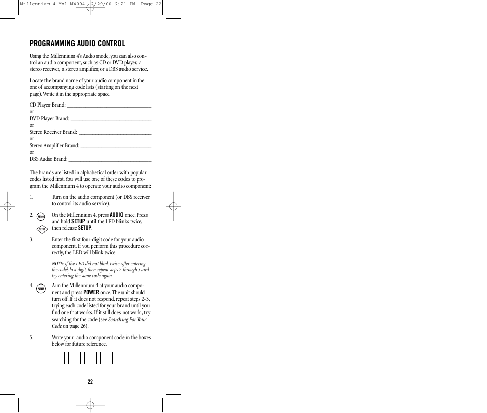 Programming audio control | Memorex MILLENNIUM 4 User Manual | Page 22 / 36