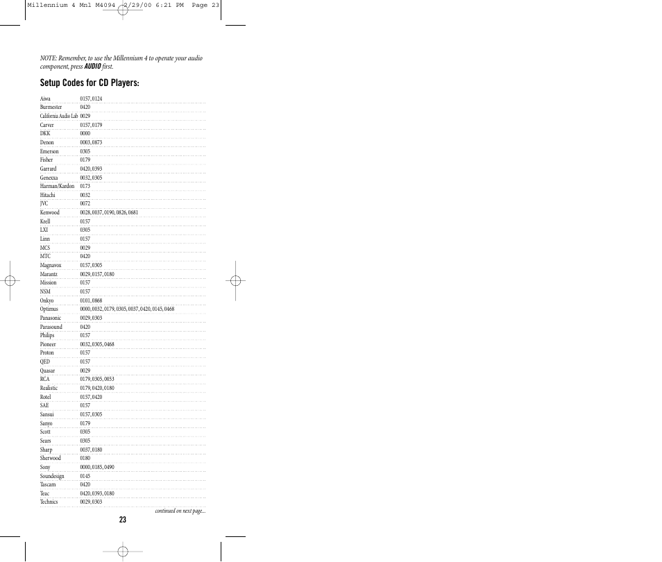 Setup codes for cd players | Memorex MILLENNIUM 4 User Manual | Page 23 / 36